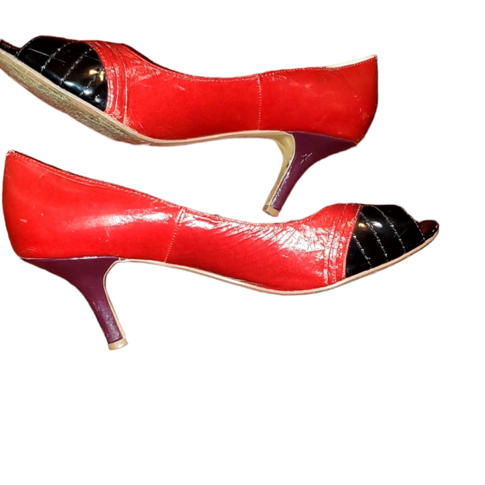 CHINESE LAUNDRY WOMEN'S NUANCE RED AND PLUM PEEP TOE LEATHER HEELS 8.5 M